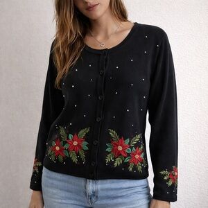 Heirloom Collectibles Black Beaded Poinsettia Cardigan Sweater‎ Size M Holiday